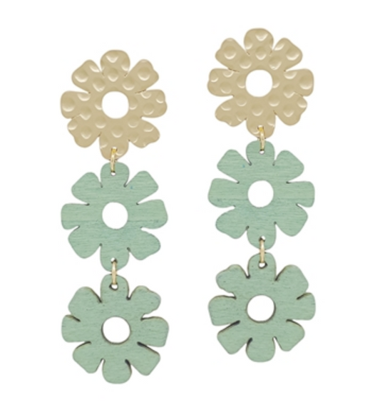 Gold Studded Flower with Mint Wood Drop Earring