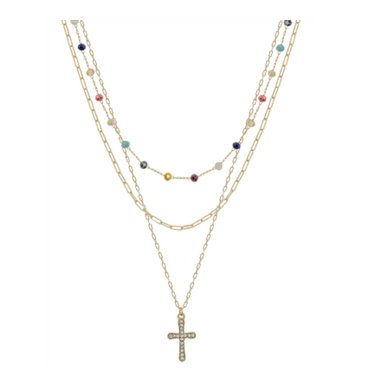 Multi Crystal Beaded and Gold Cross Necklace