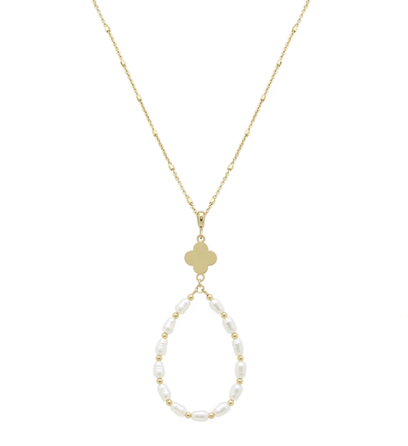 Gold Clover with Pearl Teardrop Necklace