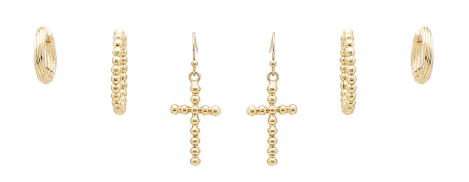 Set of 3: Gold Cross and Hoop Earring Studs