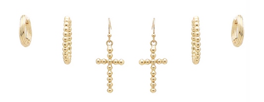 Set of 3: Gold Cross and Hoop Earring Studs