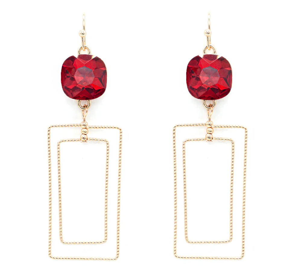 Red Stone with Gold Textured Rectangle Earring