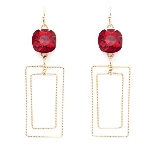 Red Stone with Gold Textured Rectangle Earring