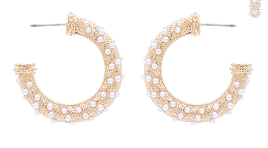 Gold Textured and Pearl Wrapped Hoop Earring