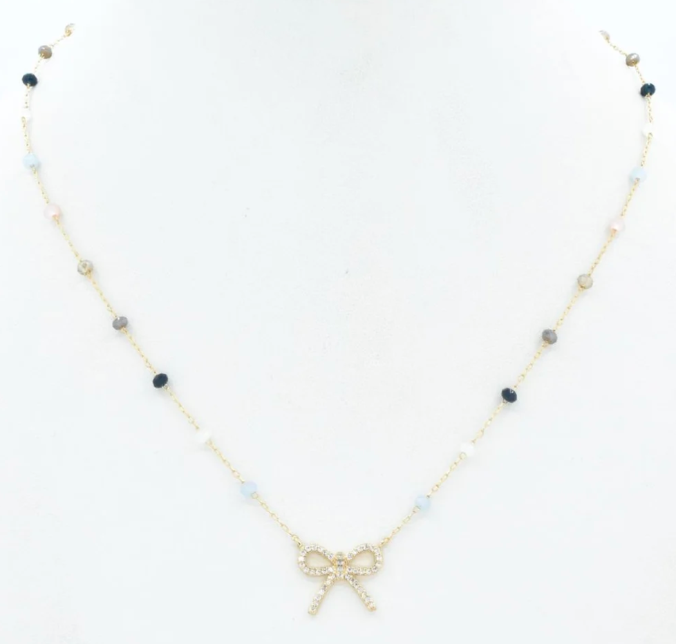 Grey/Light Blue Crystal with Rhinestone Bow Necklace