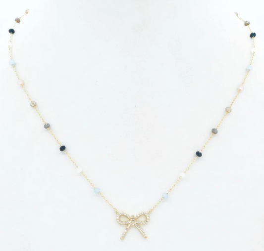 Grey/Light Blue Crystal with Rhinestone Bow Necklace