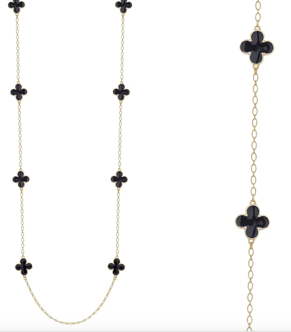 Black Color Coated Clover with Gold Chain 36" Necklace