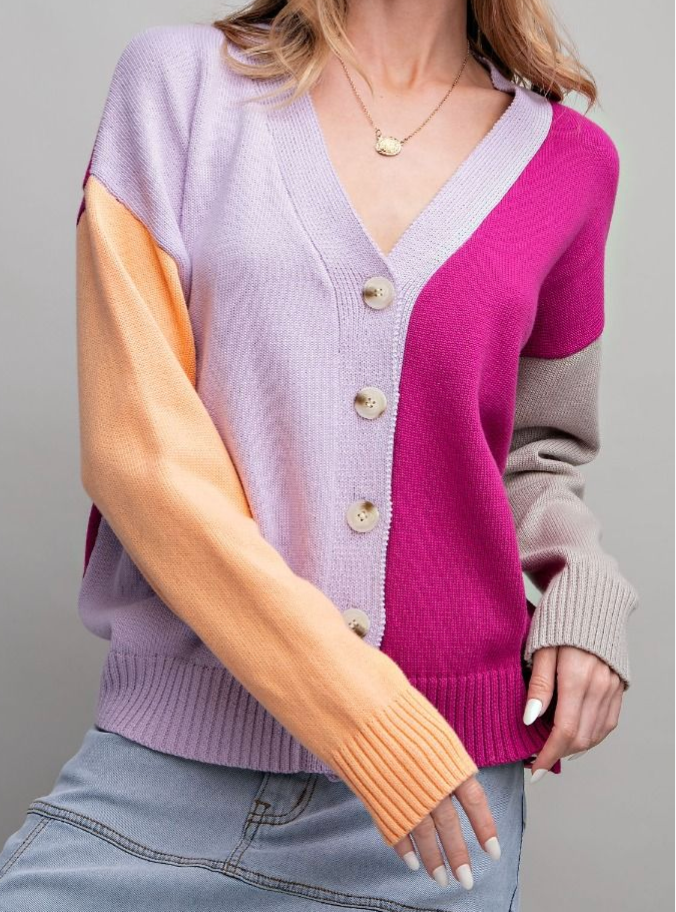 Lilac Color Block Knitted Cardigan (S-L)