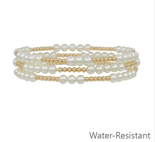 Water Resistant Gold & Pearl Stretch Bracelet Set