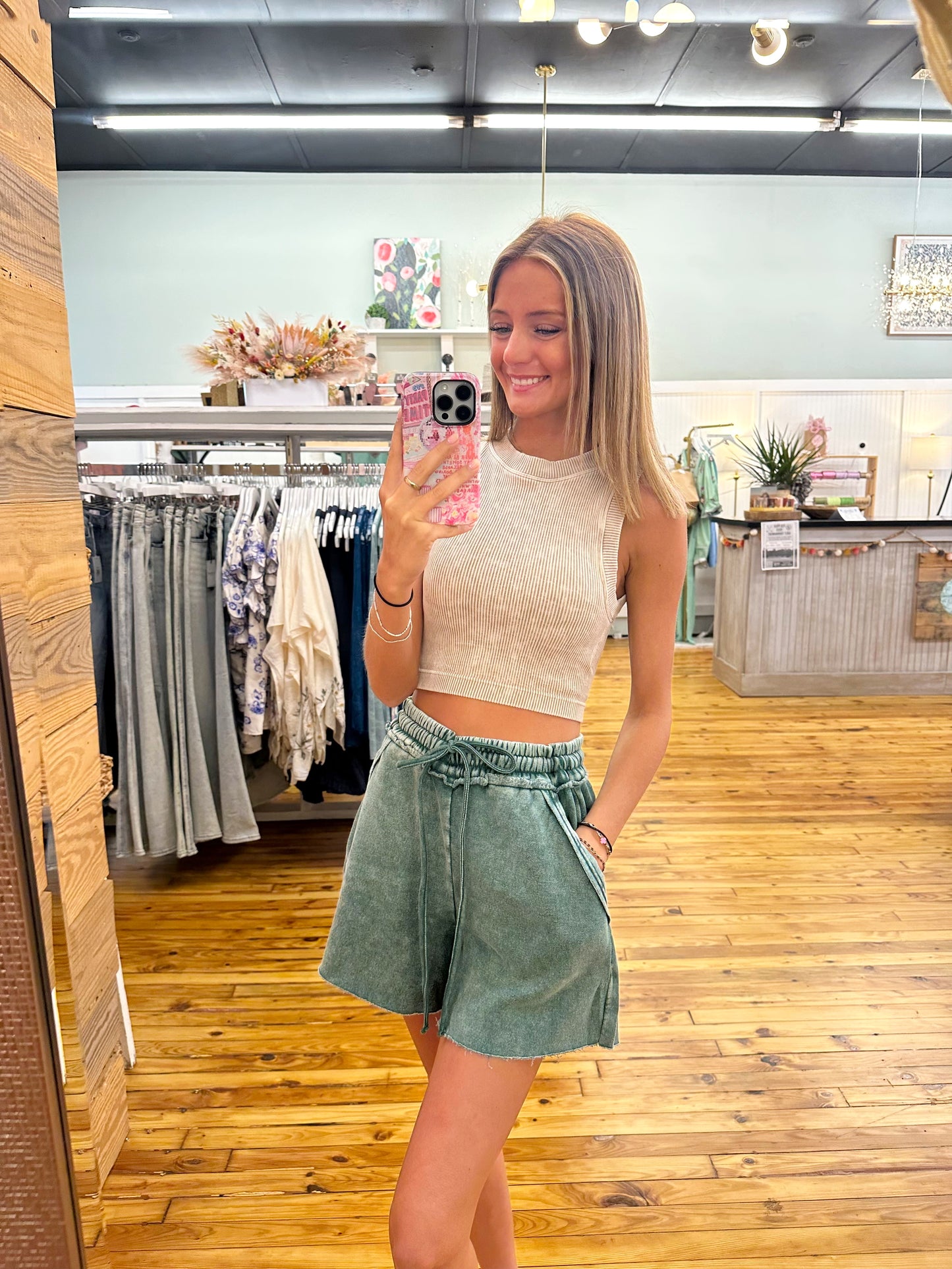 Acid Wash Fleece Drawstring Shorts with Pockets (S-L)