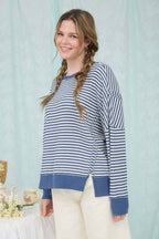 STRIPE EXPOSED SEAM SPLIT HEM LONG SLEEVE KNIT TOP (S-L)