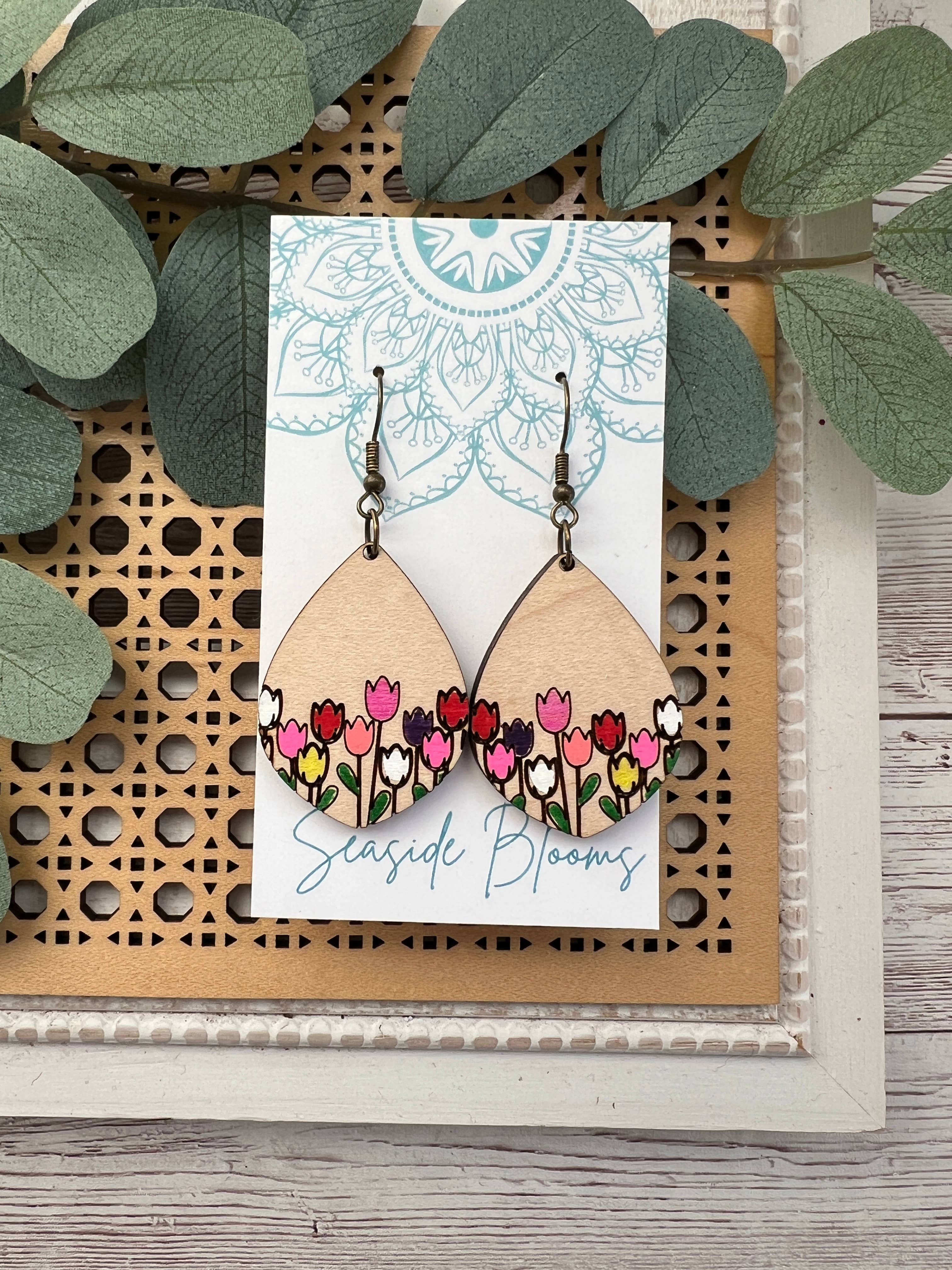 Tulip hand painted light weight wood earrings 