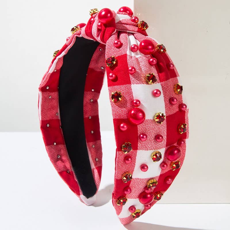 PLAID BEADED WIDE KNOTTED HEADBAND (Pink or Red)