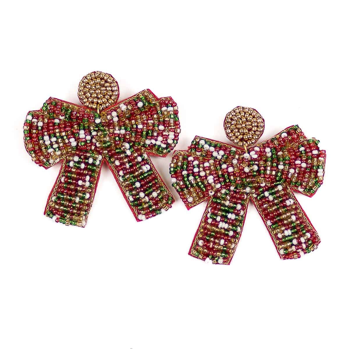 Christmas Bow Beaded Earrings