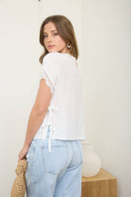 SIDE TIE LACE TRIM WOVEN TOP (S-L)