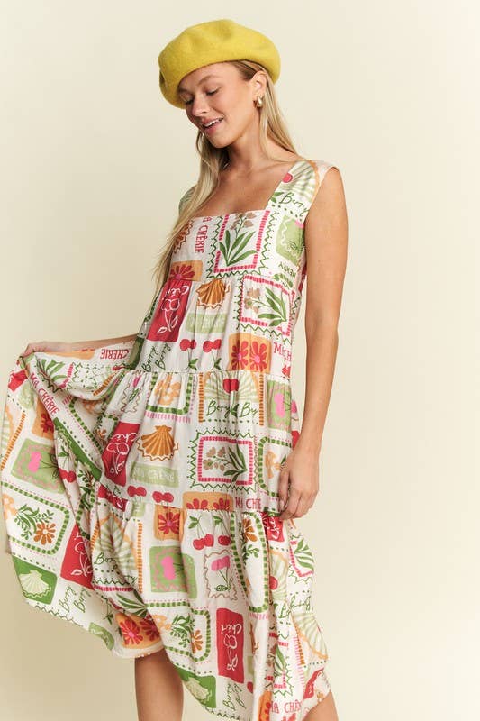 FRUITY PLANTS MULTICOLOR SLEEVELESS MIDI DRESS (S-XL)