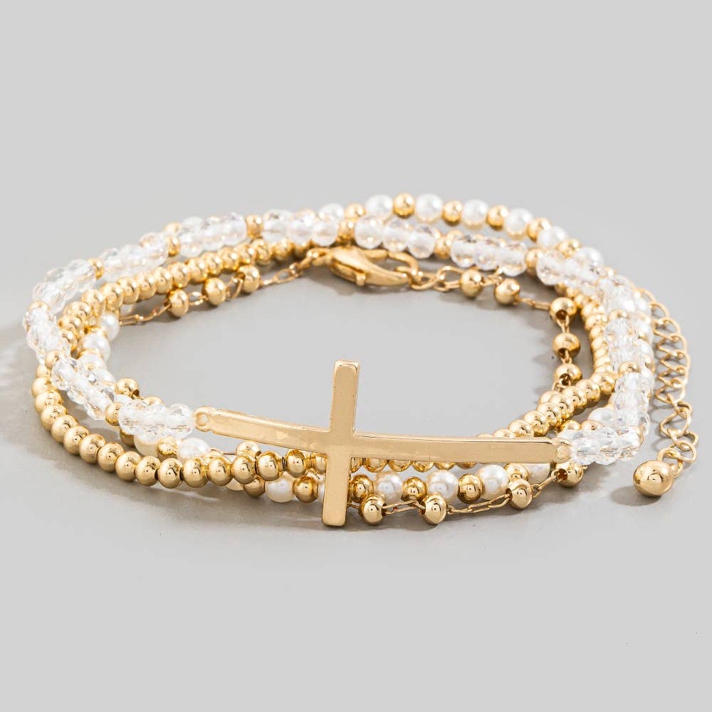 Cross Charm Pearl And Metallic Beaded Bracelet