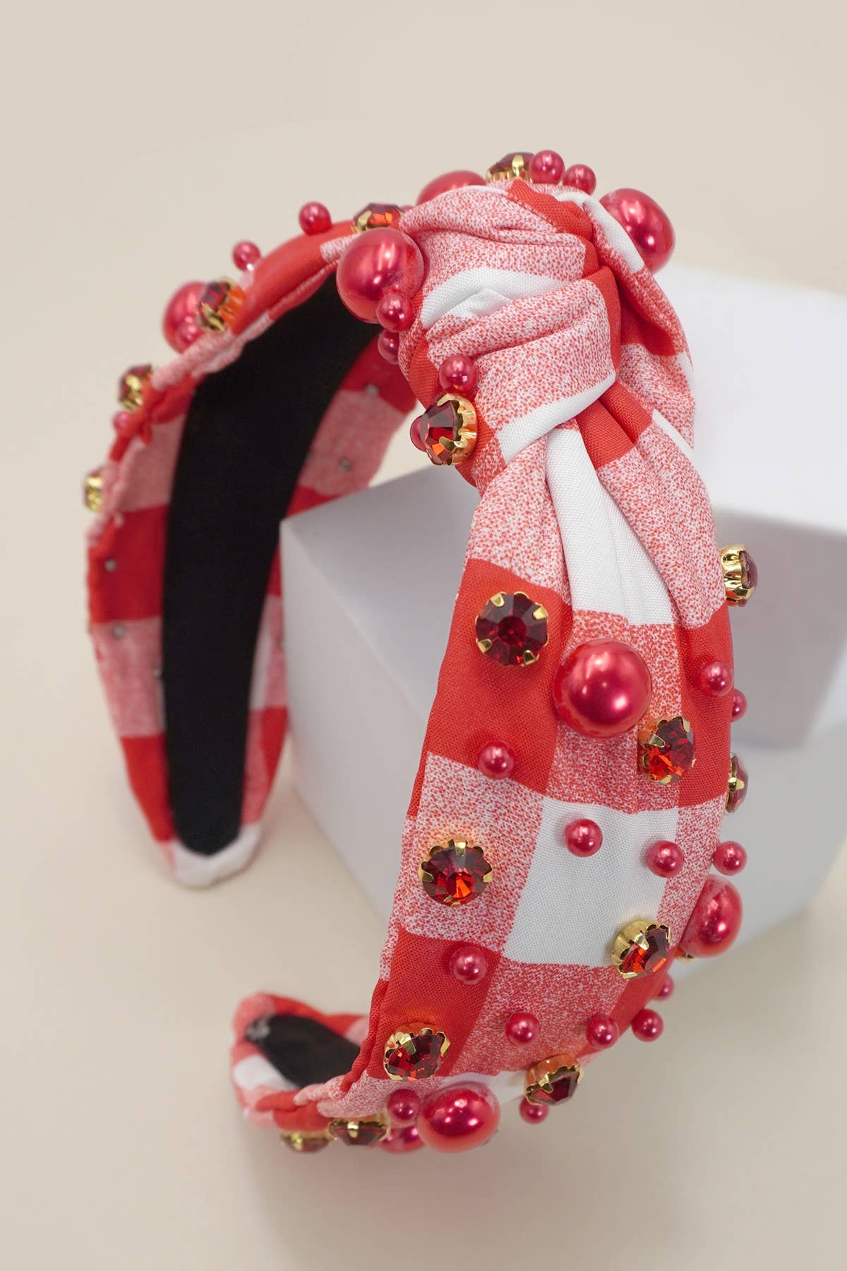 PLAID BEADED WIDE KNOTTED HEADBAND (Pink or Red)