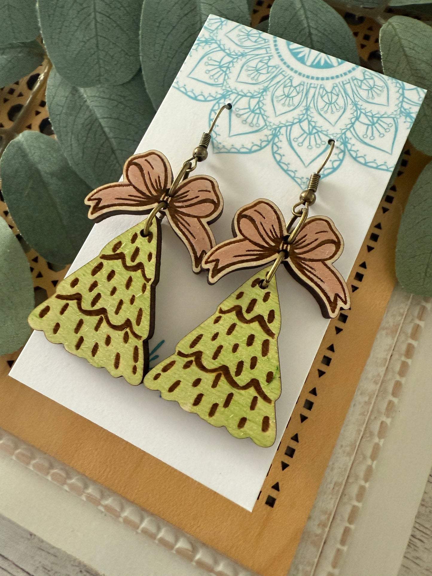 SALE! Christmas tree hand painted maple wood earrings