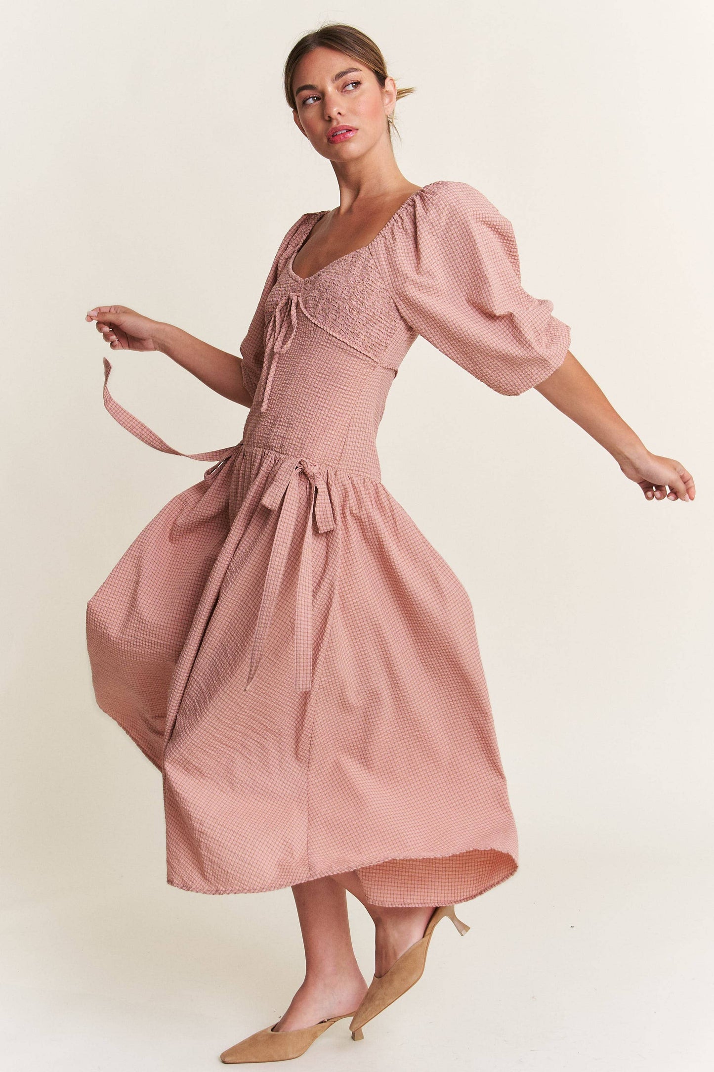 SALE! In the Beginning - Dust Pink Bow Detail Smocked Midi Dress (S-L)