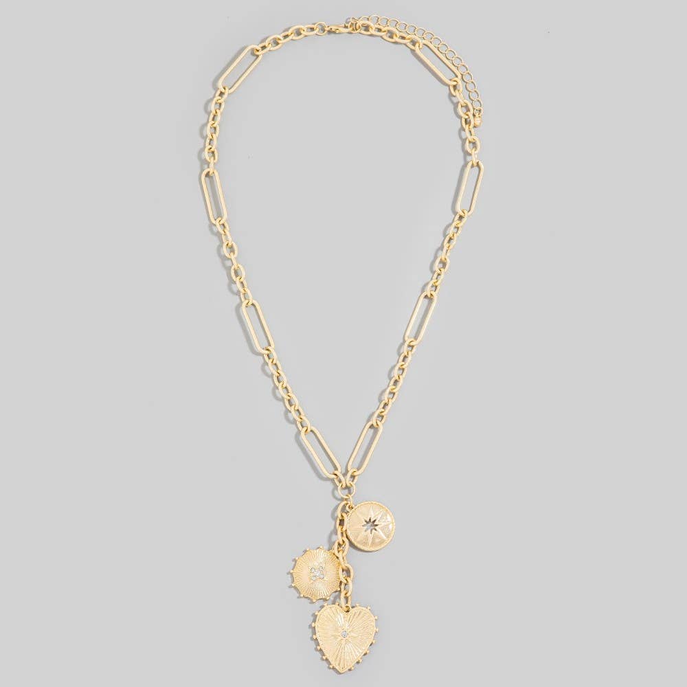 Intricate Heart And Coin Pendants Chain Necklace