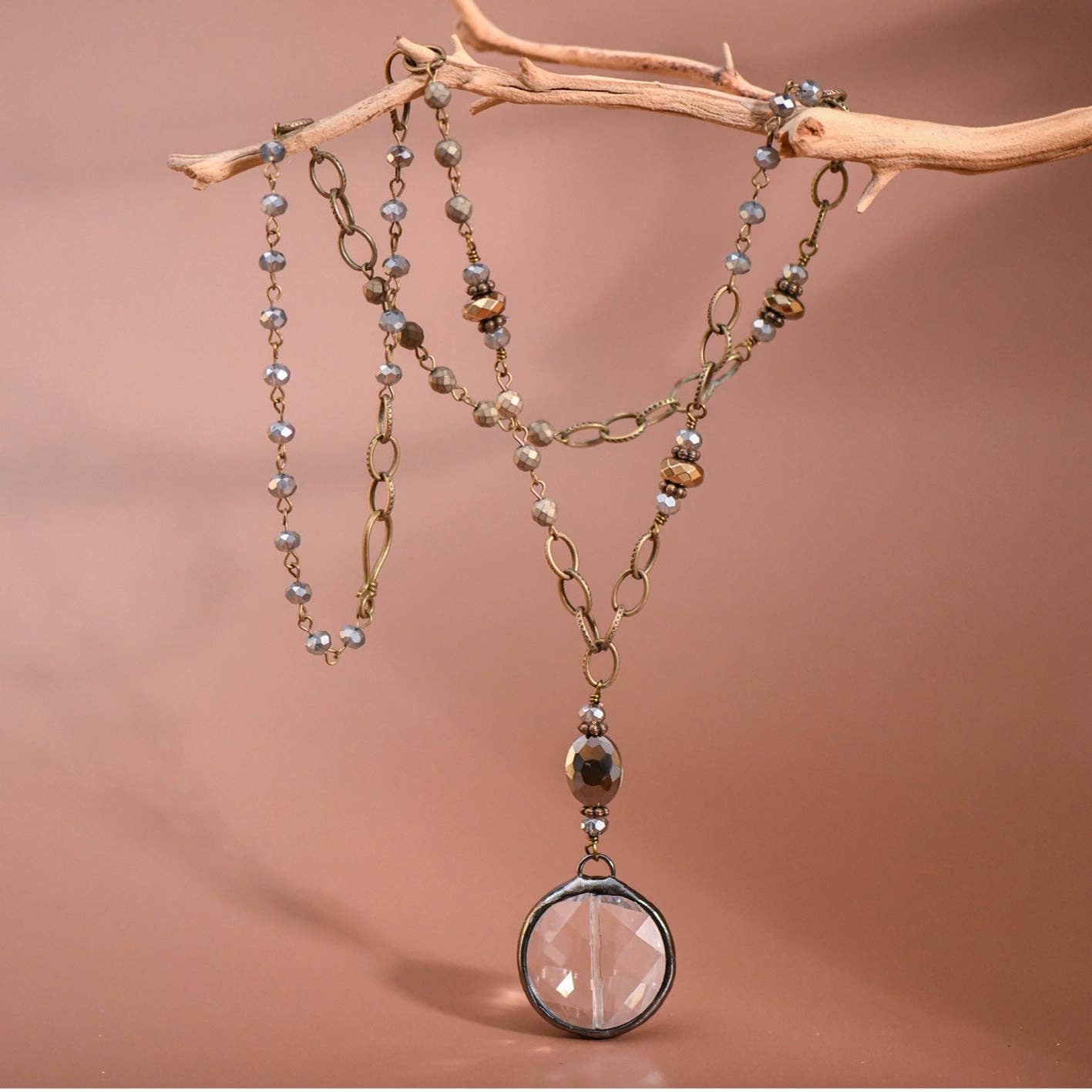 Boho Long Beaded Chain Link Necklace, Glass Crystal Round Pendant