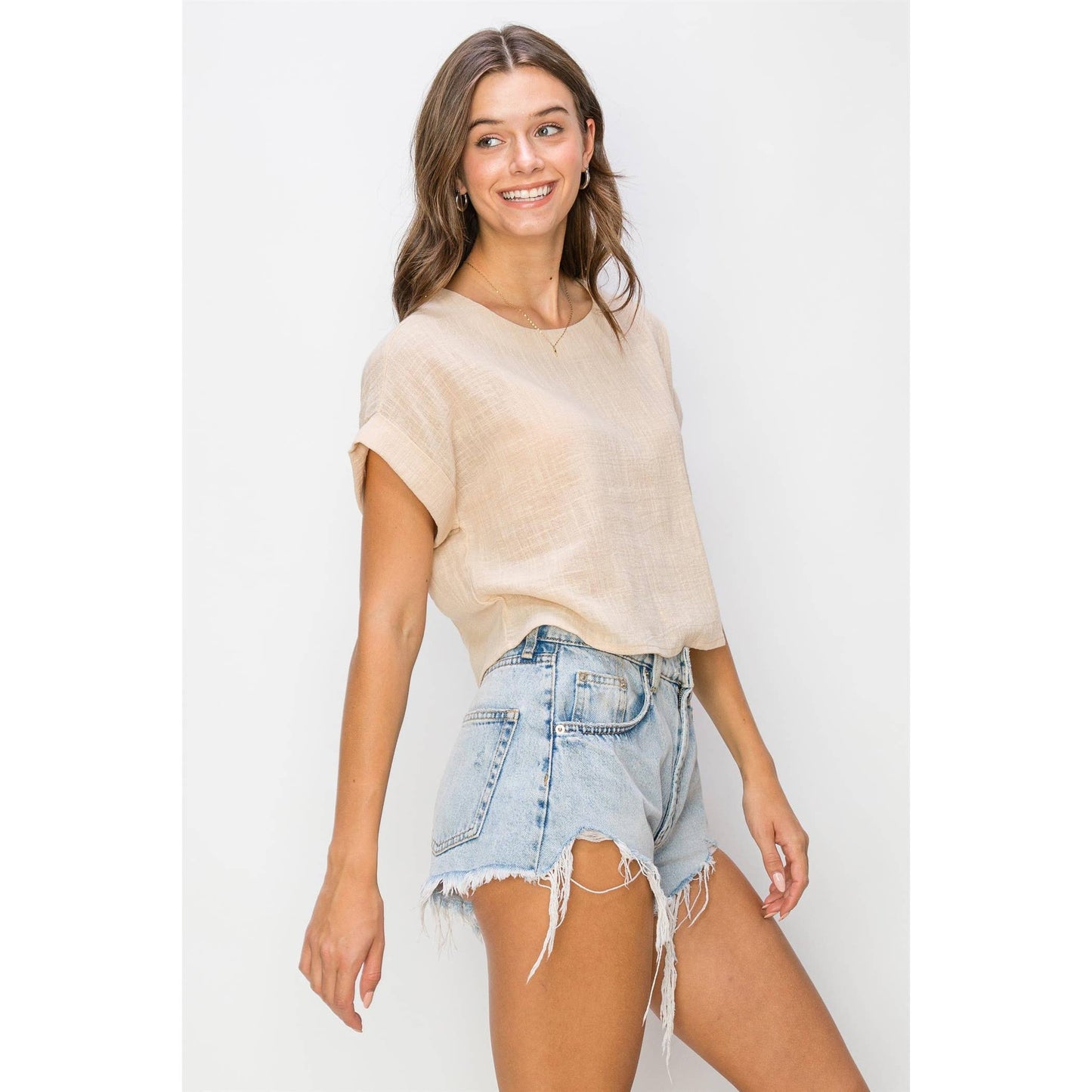 Classy And Cute Cuffed Short Sleeve Top (S-L)