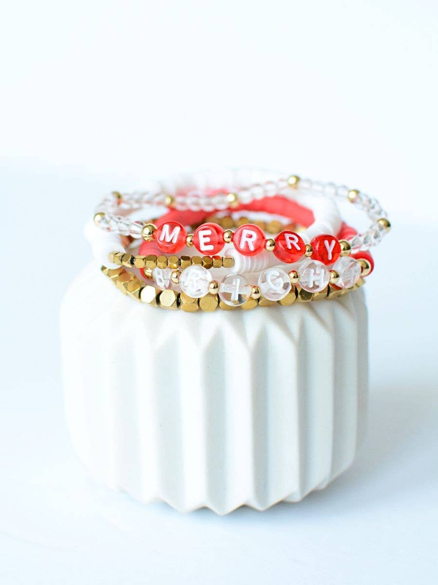 SALE! Merry and Bright Christmas Holiday Red & White bracelet set