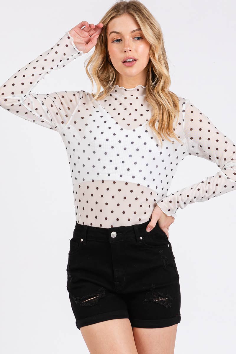 Polka Dot Mesh Long Sleeve Top (S-L)(Black or White)