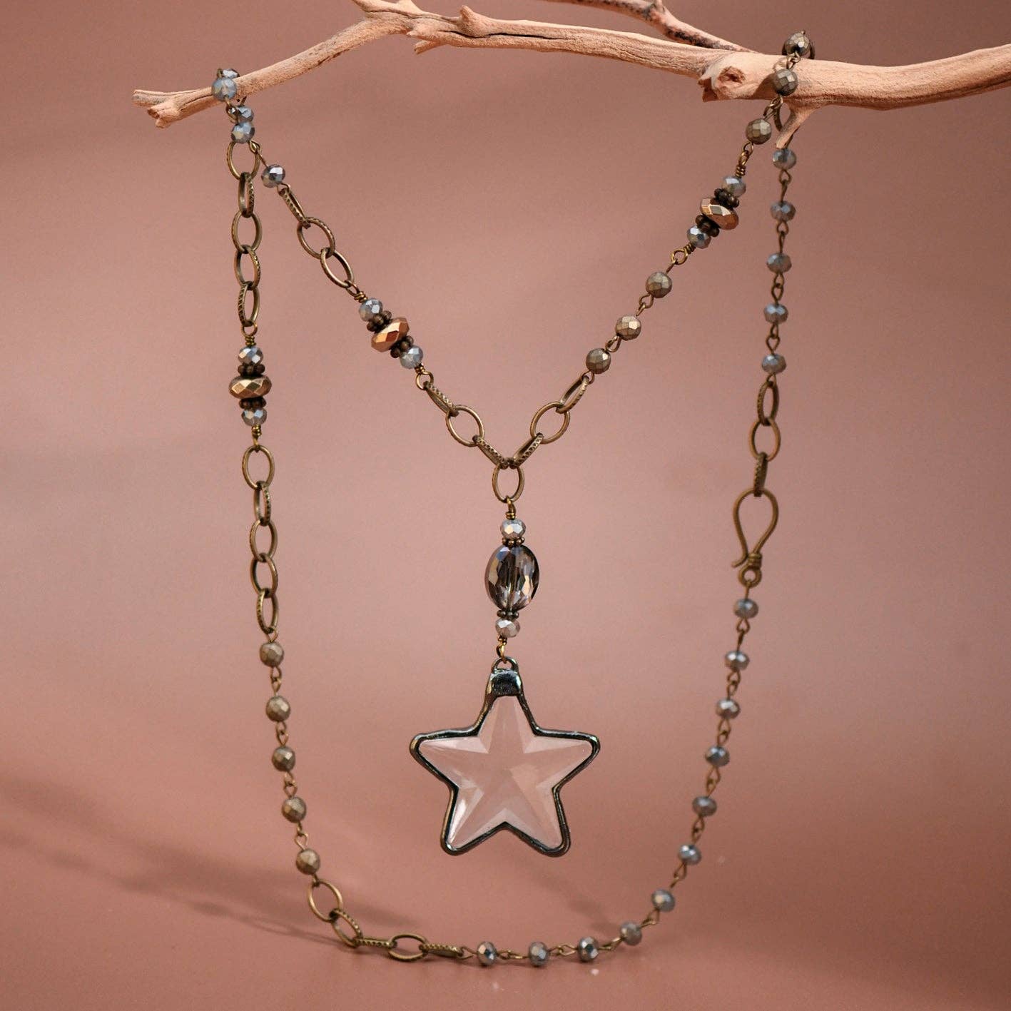 Boho Long Beaded Chain Link Necklace, Glass Crystal Star Pendant