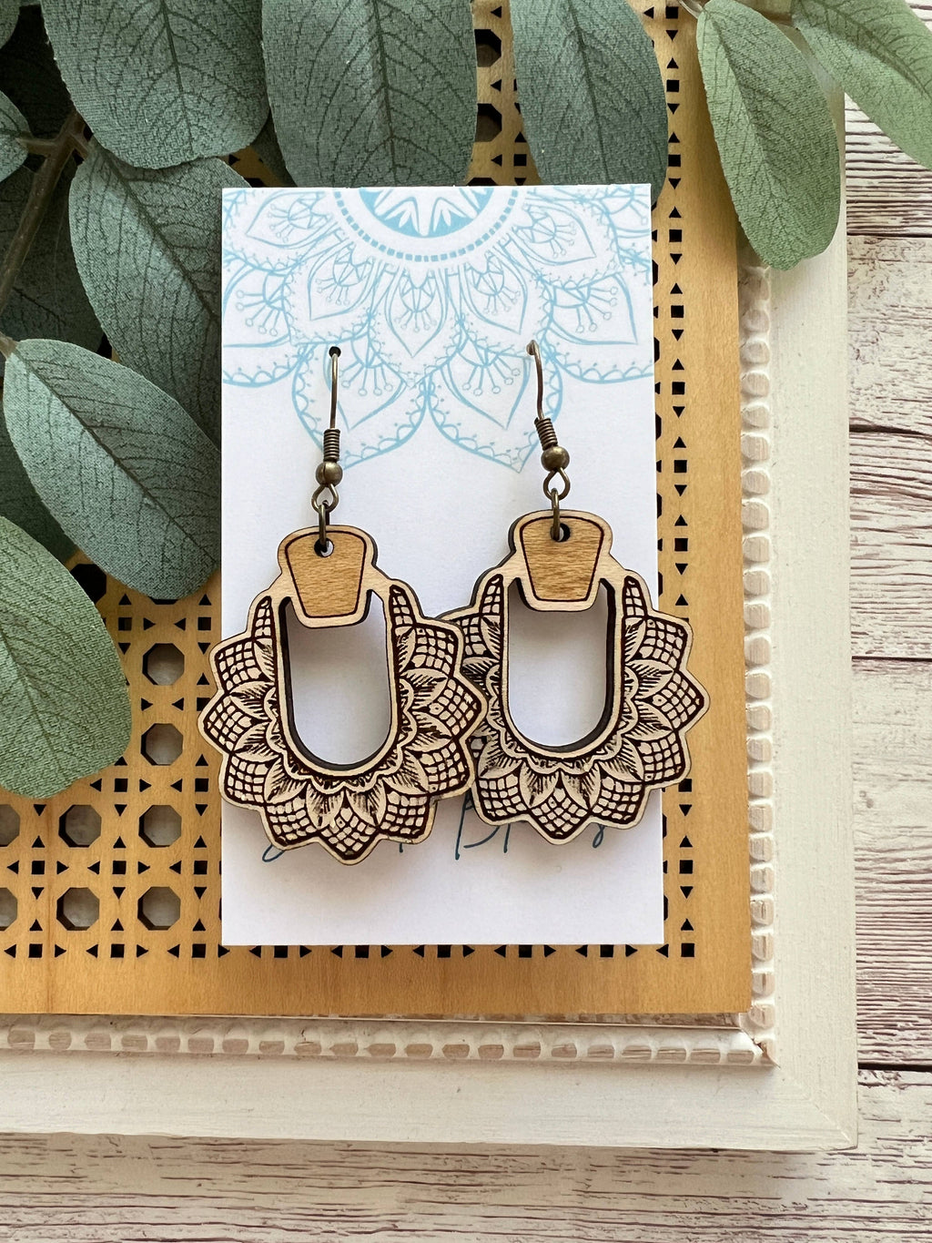Boho hand painted lightweight maple wood earrings 
