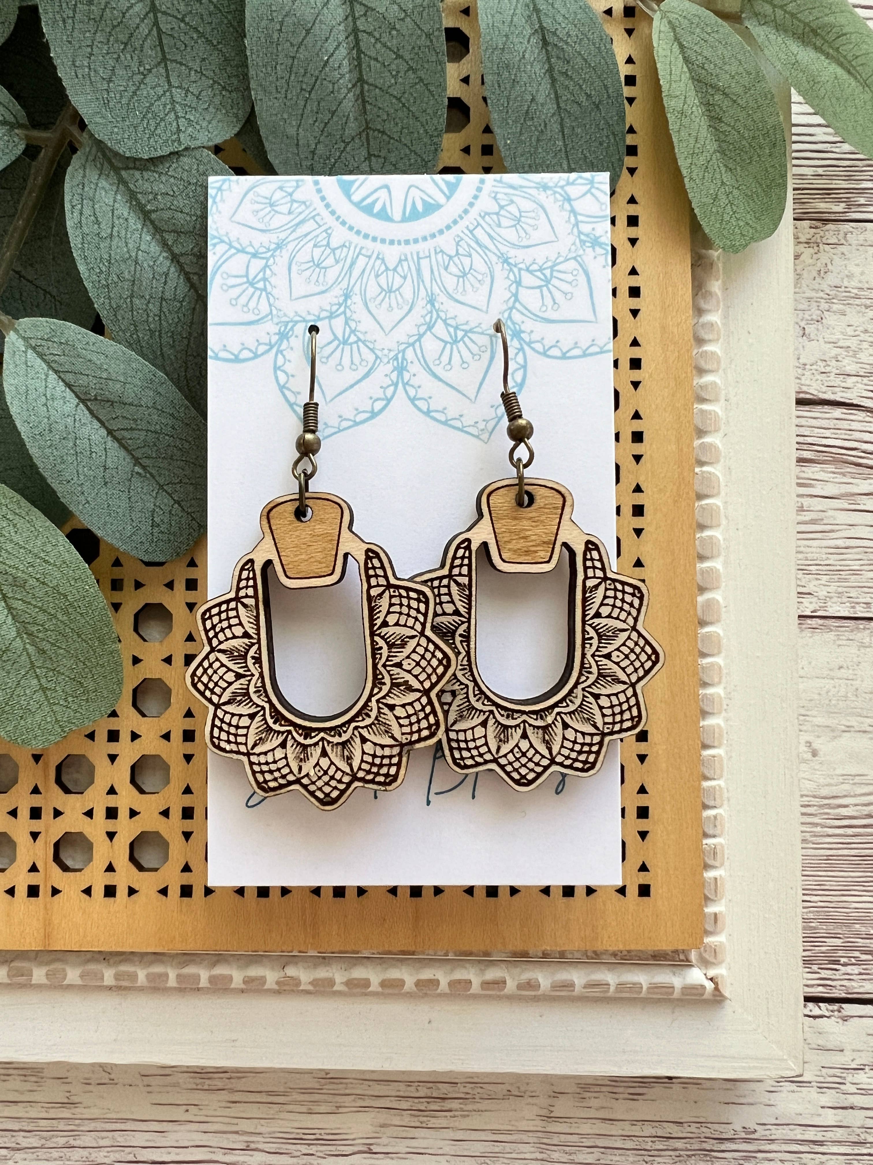 Boho hand painted lightweight maple wood earrings 