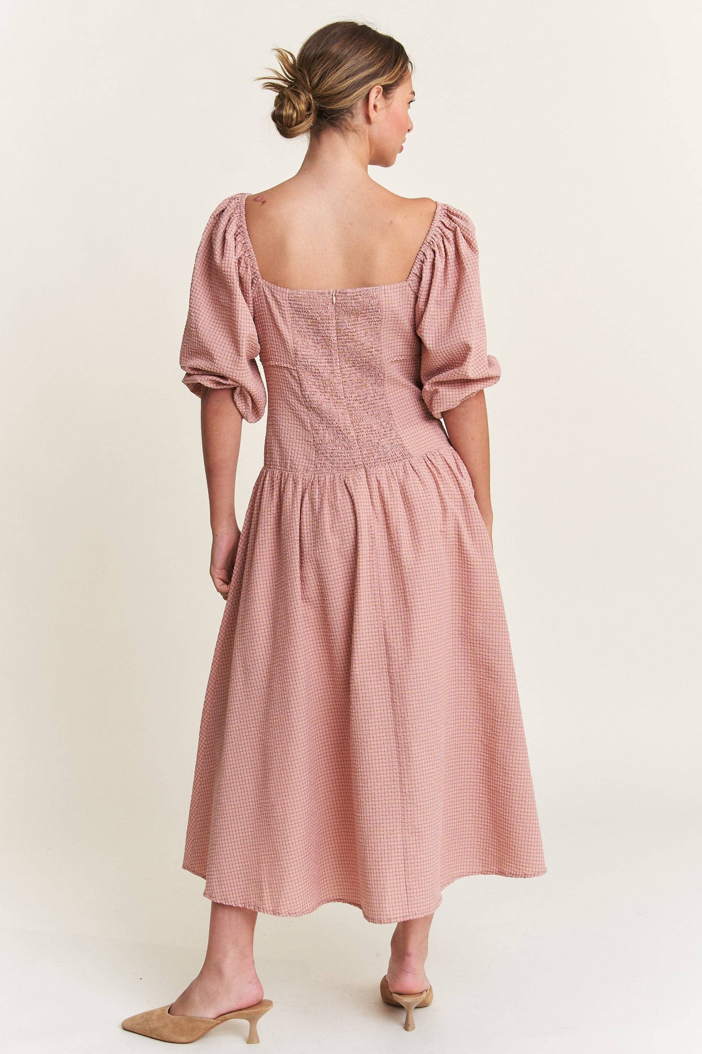 In the Beginning - Dust Pink Bow Detail Smocked Midi Dress (S-L)