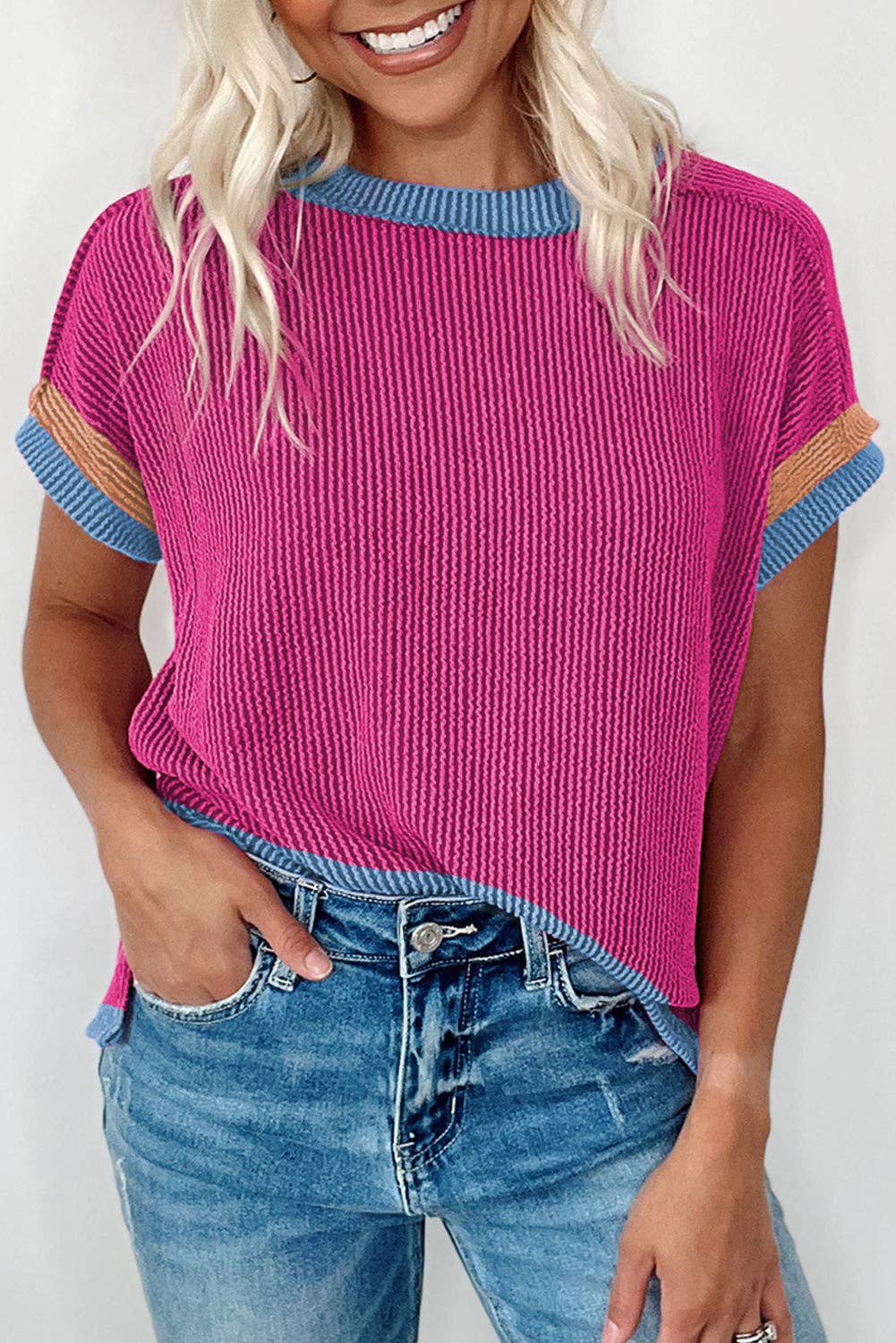 Textured Contrast Trim Round Neck T Shirt (S-XL)(Multiple Colors)