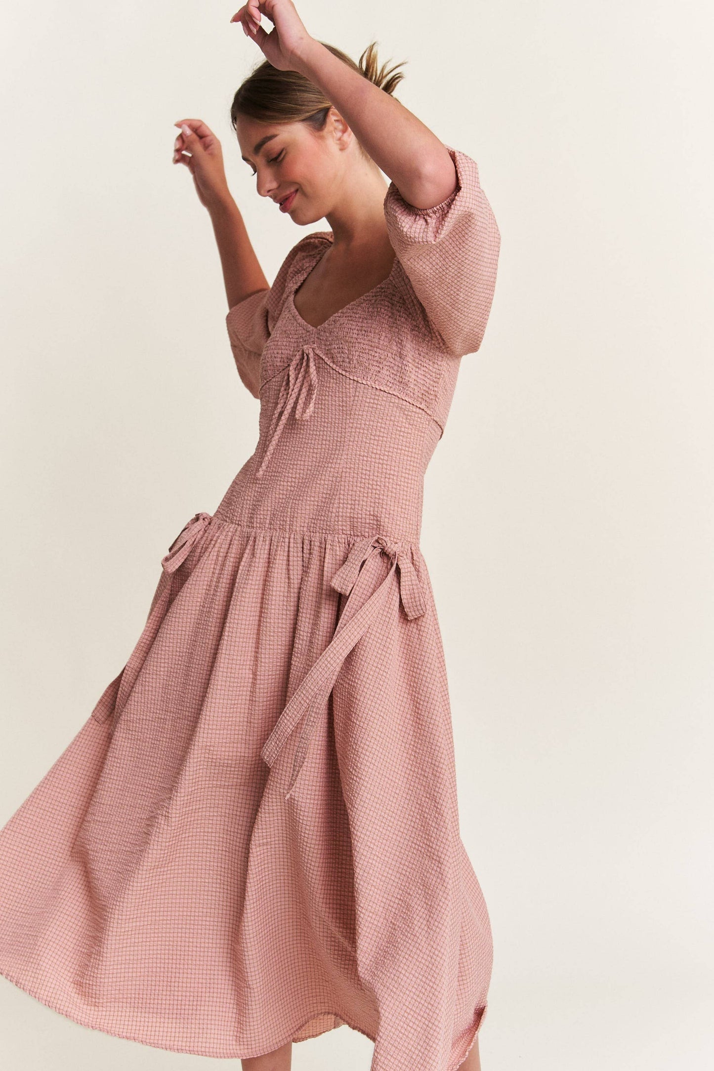 SALE! In the Beginning - Dust Pink Bow Detail Smocked Midi Dress (S-L)