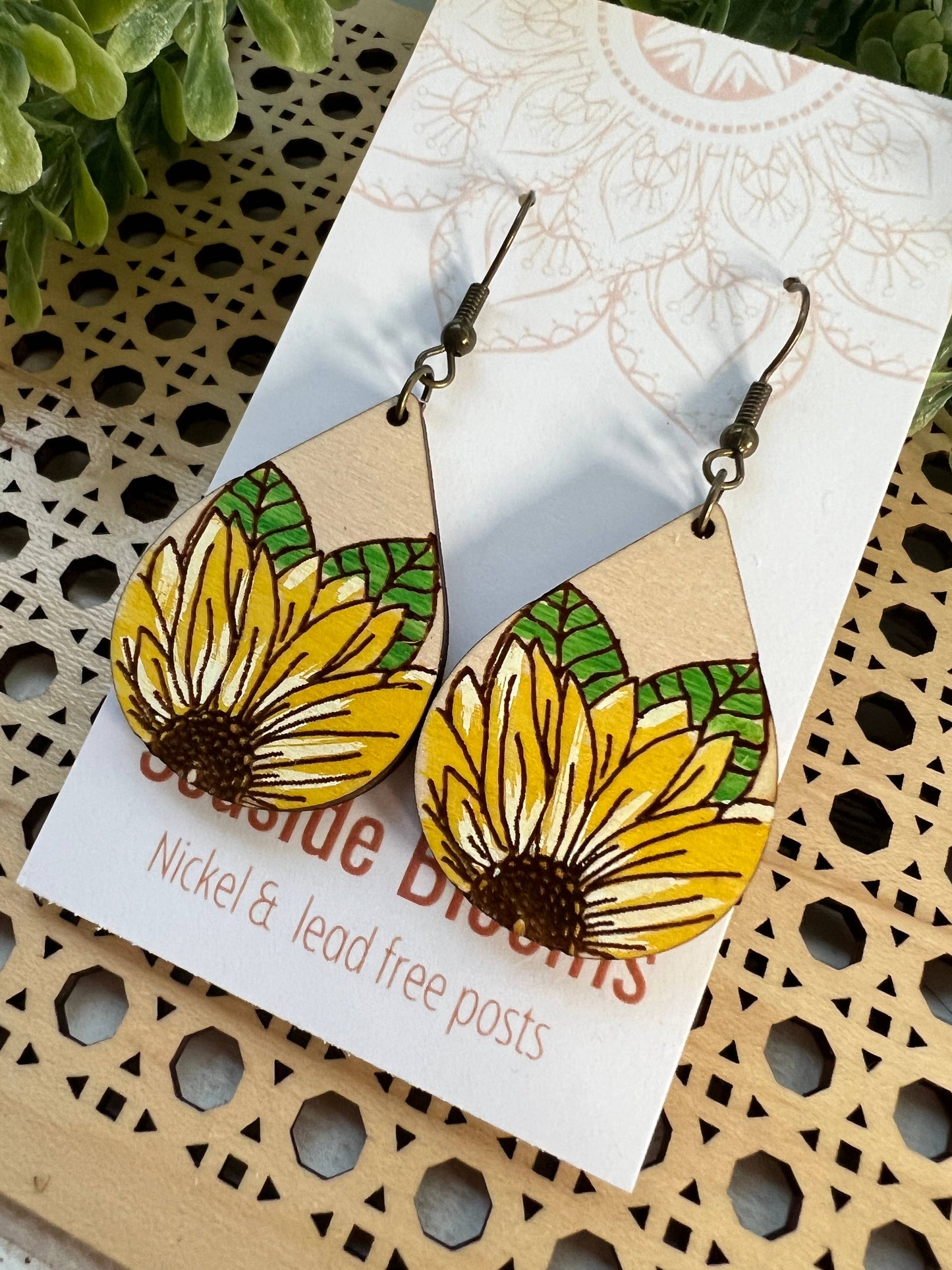 Sunflower light weight hand painted wood earring