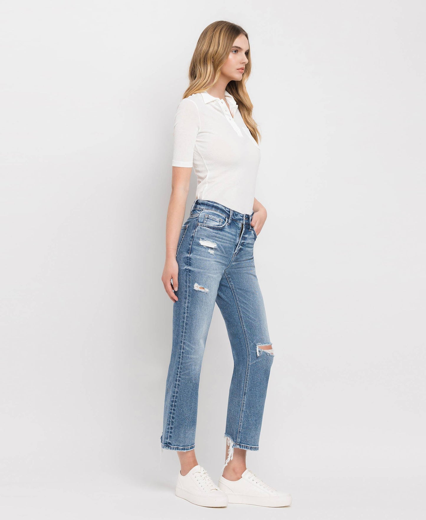 Vervet by Monkey- HIGH RISE DISTRESSED HEM CROP STRAIGHT JEANS