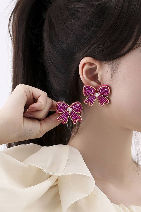SEED BEAD BOW RIBBON BEADED EARRINGS (2 Colors)