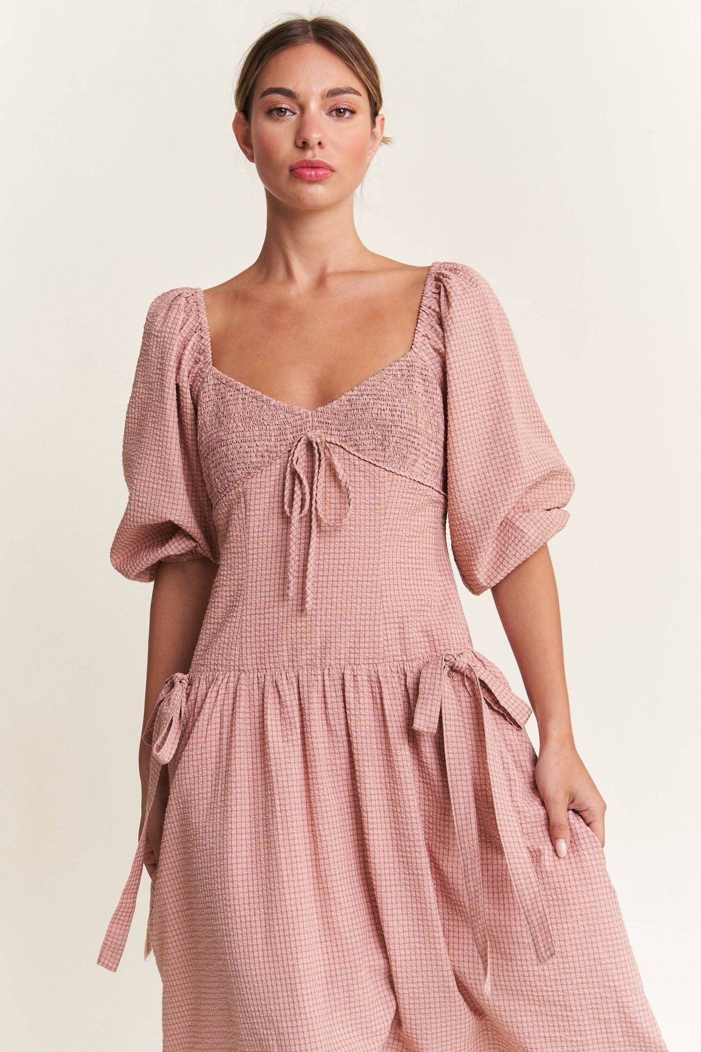 SALE! In the Beginning - Dust Pink Bow Detail Smocked Midi Dress (S-L)