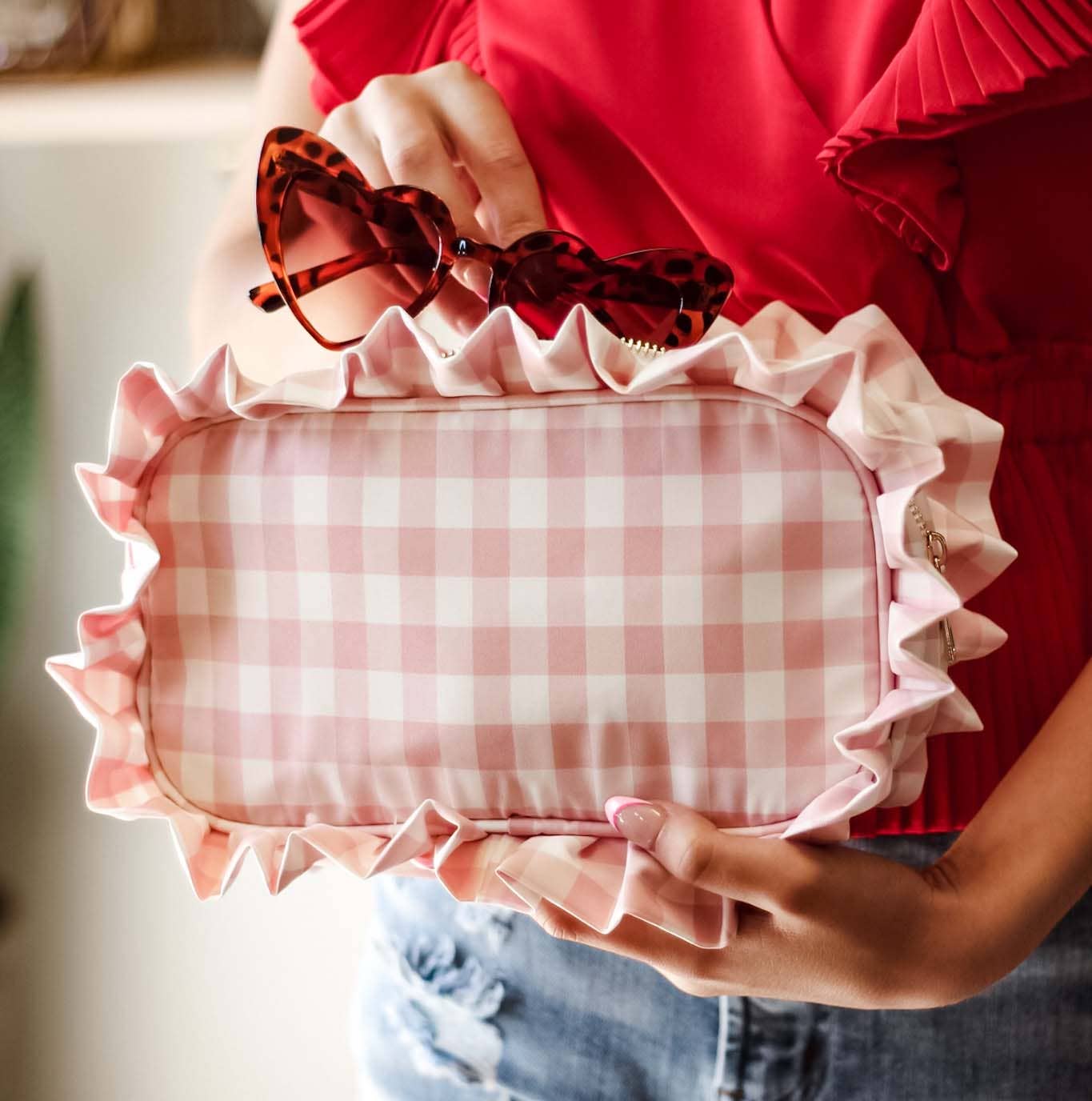 Peach Gingham Frilly Makeup Bag