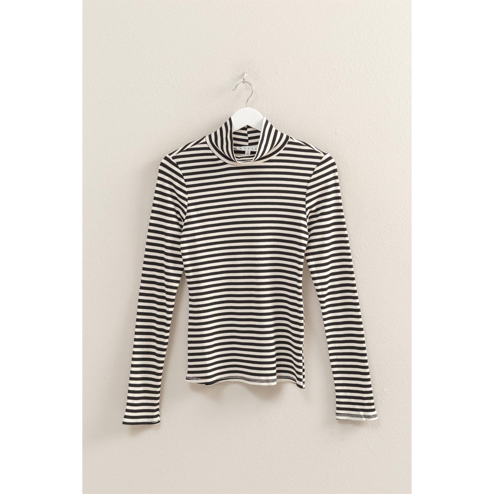Black/White Striped Turtleneck Fitted Knit Top (S-L)