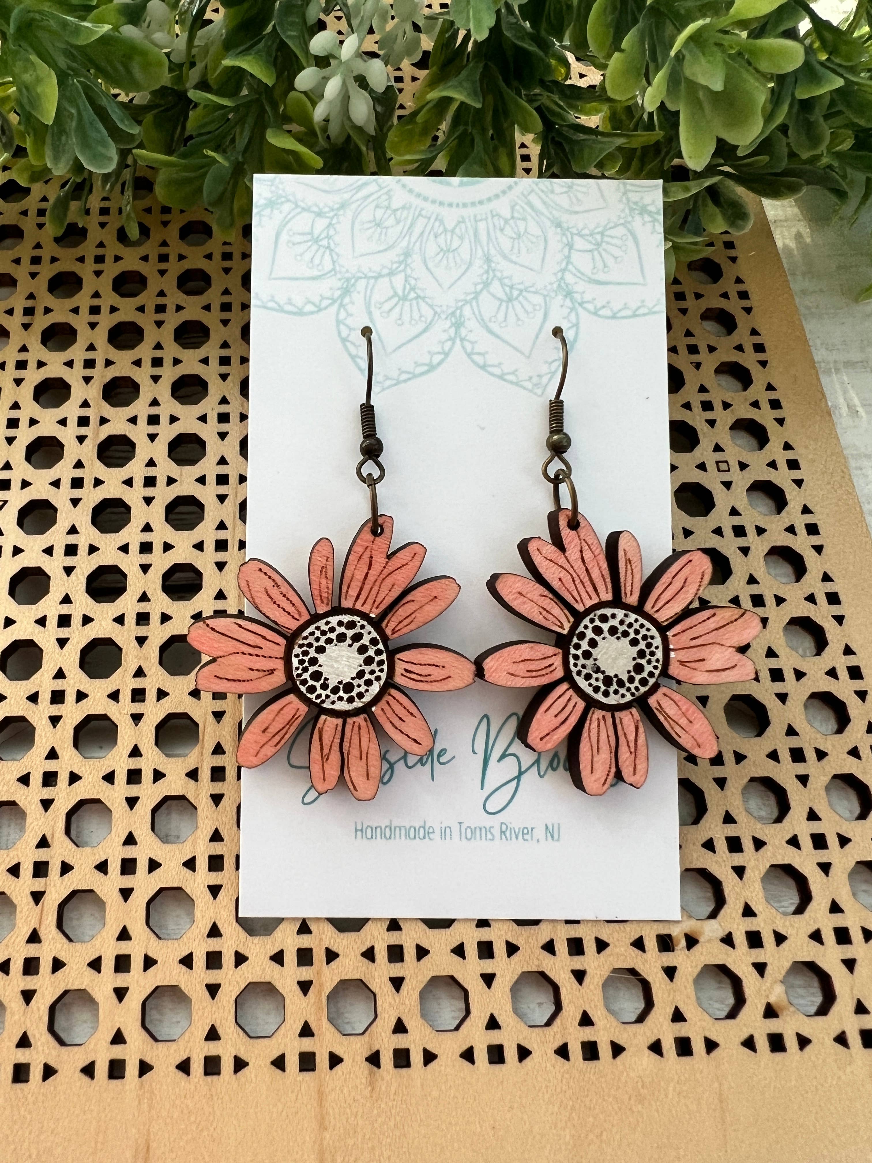 Blush pink daisy hand painted wood earring