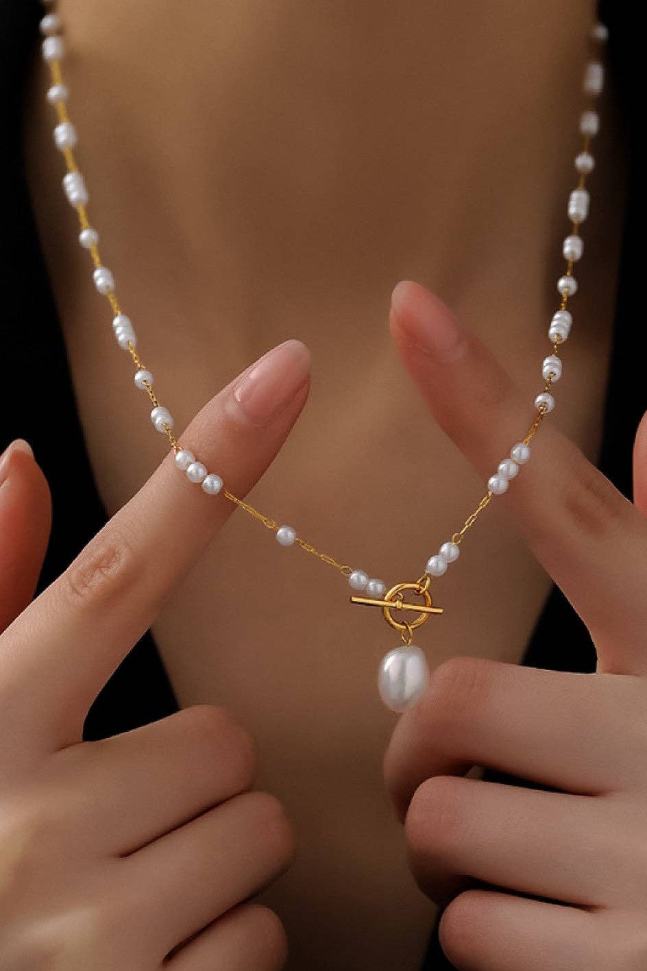 18K Gold Plated Waterproof Stainless Steel Chain Necklace w/ pearls