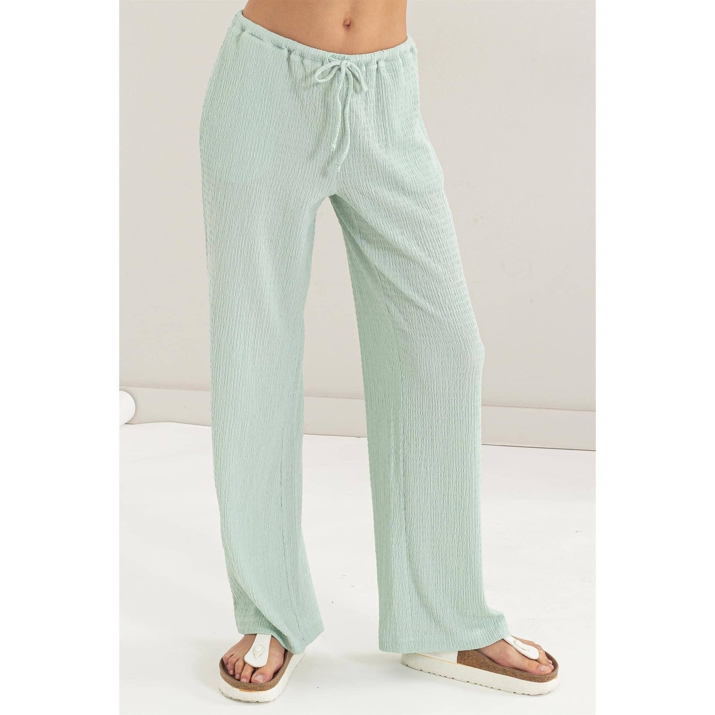 Crinkle Knit Wide Leg Drawstring Pants (S-L)