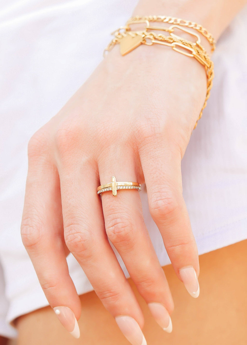 18K Gold PVD Engraved Bible Verse CZ Cross Ring Gift