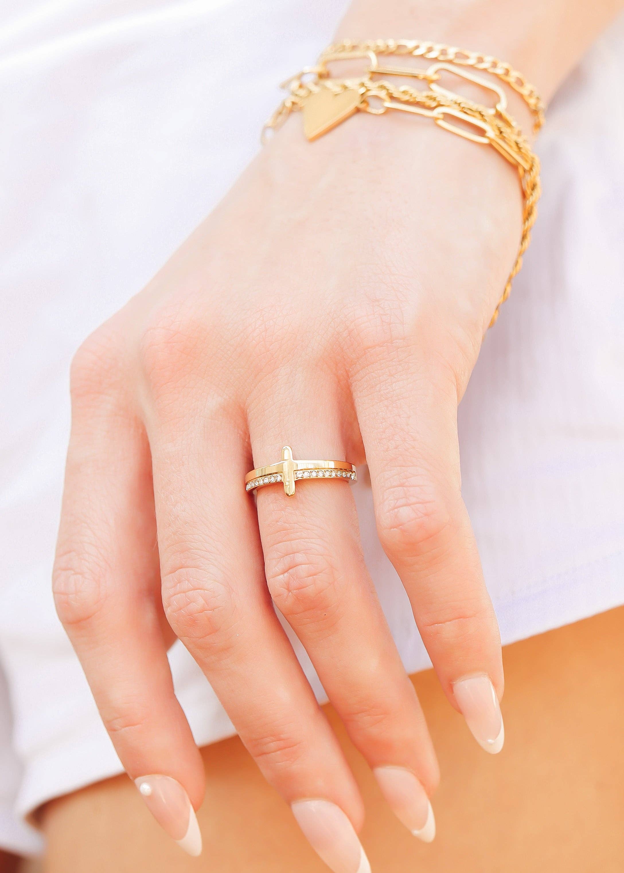 18K Gold PVD Engraved Bible Verse CZ Cross Ring Gift