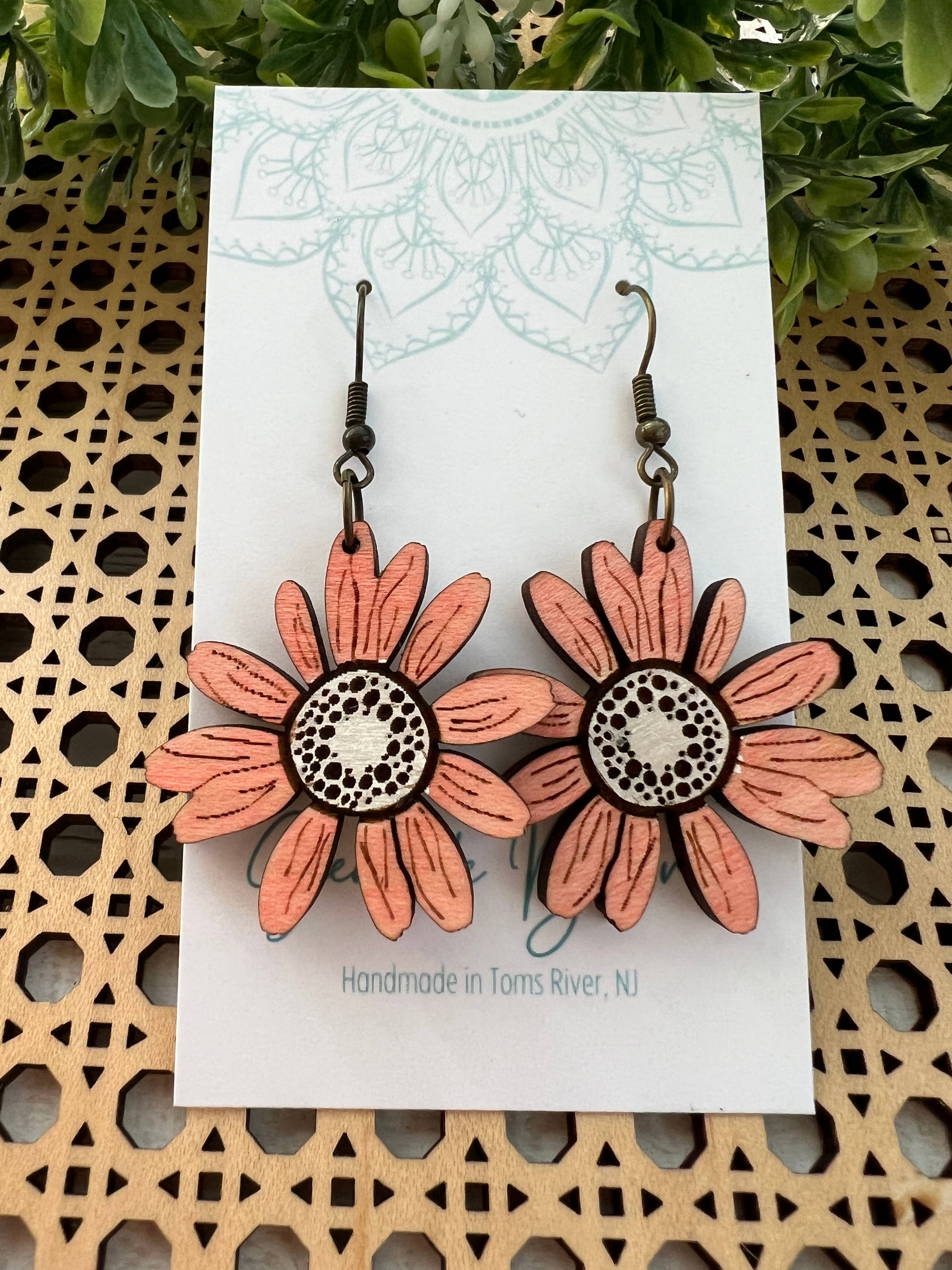 Blush pink daisy hand painted wood earring