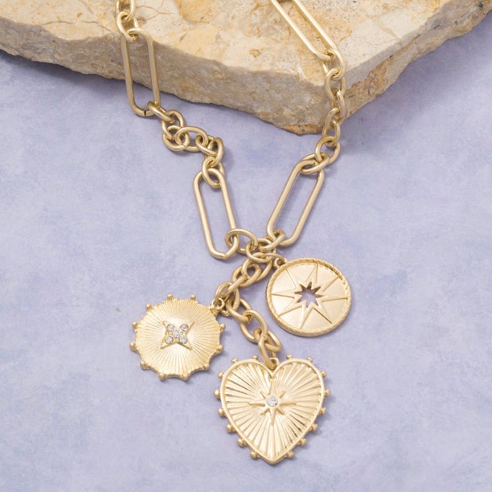 Intricate Heart And Coin Pendants Chain Necklace