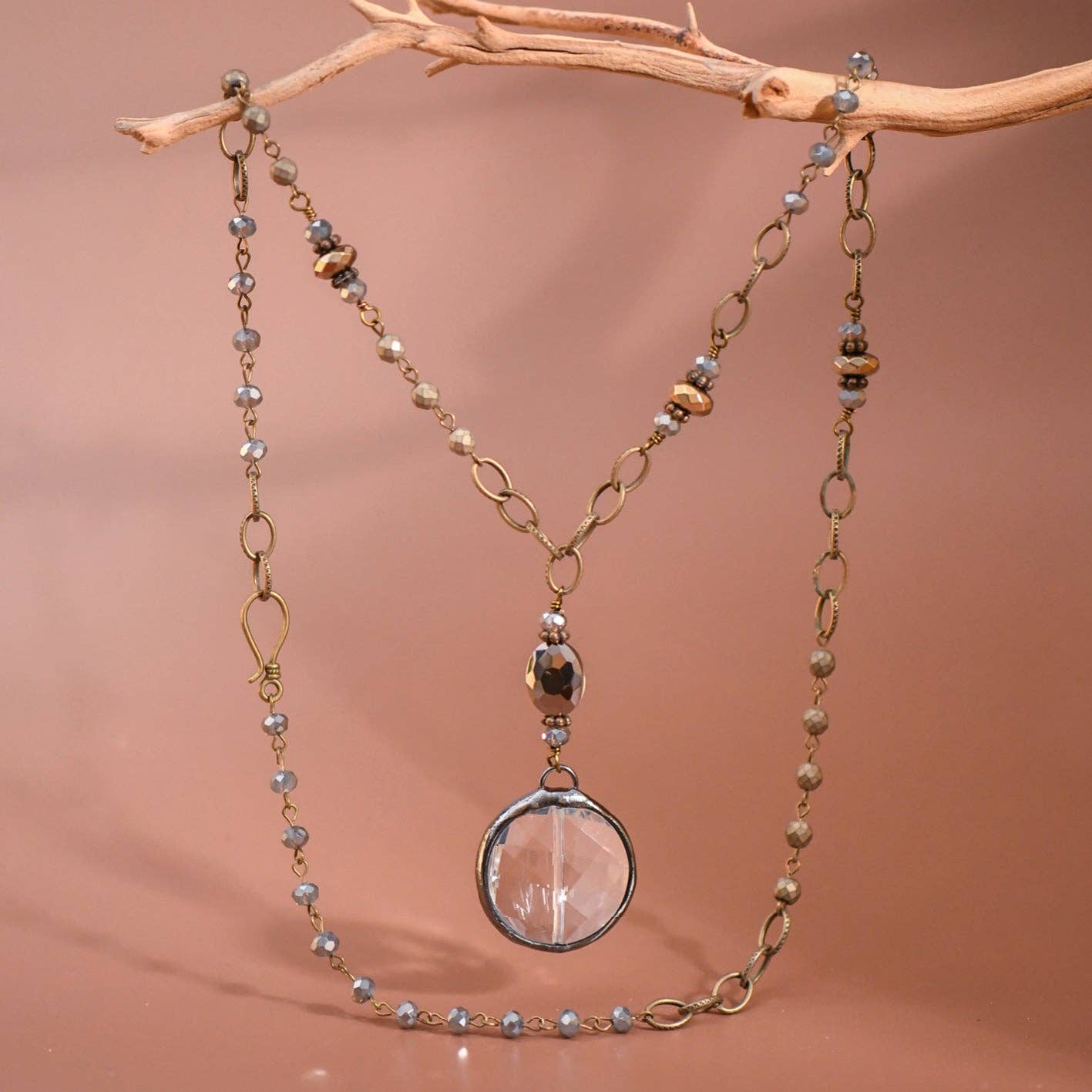 Boho Long Beaded Chain Link Necklace, Glass Crystal Round Pendant