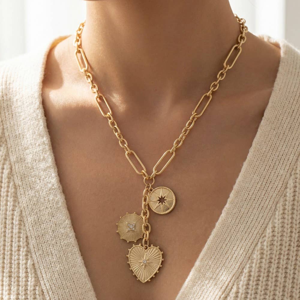 Intricate Heart And Coin Pendants Chain Necklace